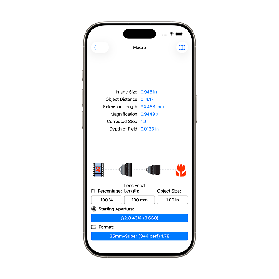 Macro depth of field and magnification calculator